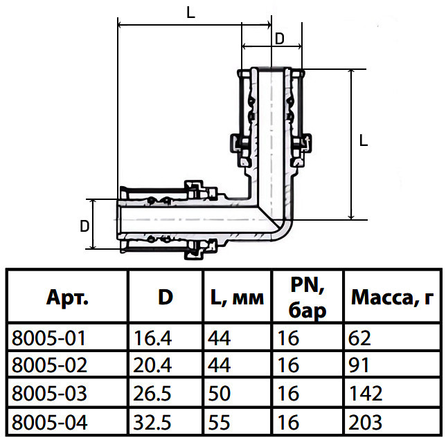 Угольник латунный Aquasfera 8005 DN 16.4 PN 16 покрытие - никель, пресс, 8005-01 4