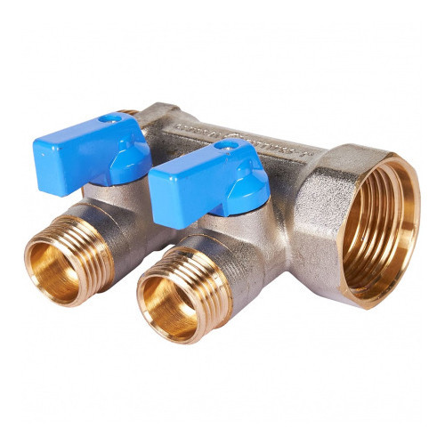 Коллектор распределительный STOUT SMB 6211 2 отвода ВР-НР 1"х1/2" DN 25 PN 10 с шаровыми кранами синяя рукоятка уплотнительное кольцо 1