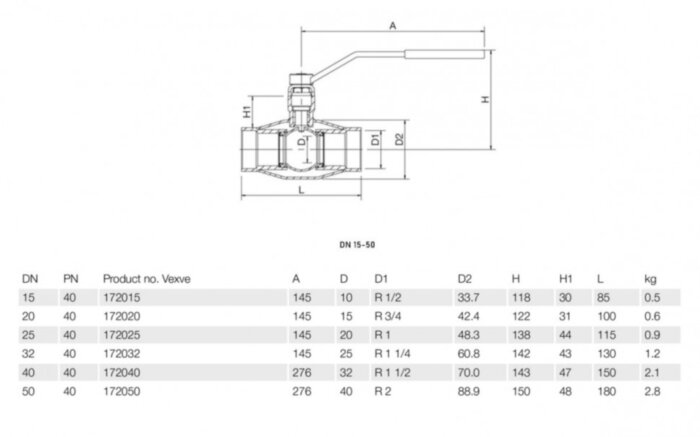 Кран шаровой Vexve 172050 DN 50 PN 40 стальной стандартнопроходный резьбовой для пара, ручка-рычаг