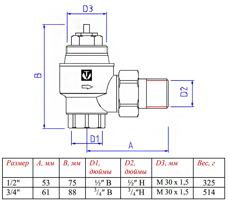 Клапан радиаторный Valtec VT.033 1/2" DN 15 PN 10 повышенной пропускной способности, угловой 2
