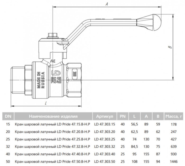 Кран шаровой латунный LD Pride 47.15.В-Н.Р Ду 15 Ру 40 резьба (ВР-НР) 1/2", никелированный с черным рычагом, неполнопроходный
