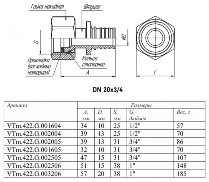 Переходник VALTEC VTm.422.G ВР 3/4" DN 20 PN 16 с накидной гайкой латунный