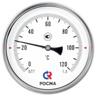 Термометр РОСМА БТ-41.211-100 Дкорп=80мм 2,5 МПа кл. 1,5 G1/2" Tраб = 0...+100°C биметаллический осевой 00000039939