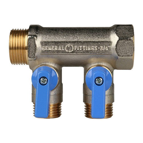 Коллектор распределительный STOUT SMB 6201 2 отвода ВР-НР 3/4"х1/2" DN 20 PN 10 с шаровыми кранами синяя рукоятка 2