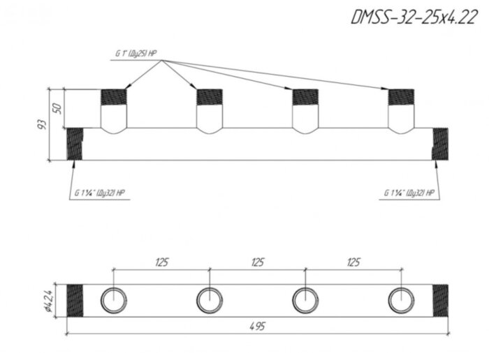 Коллектор распределительный GIDRUSS DMSS-32-25x4 4-х контурный НР 1 1/4"x1" Ду 32 Ру 10 магистральный