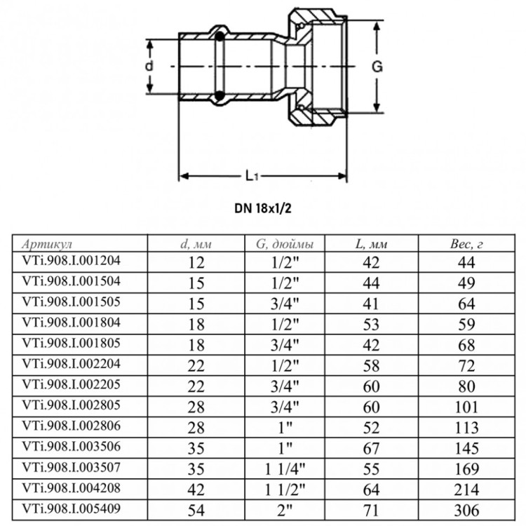 Переходник VALTEC VTi.908.I ВР 1/2" DN 18x15 PN 16 с накидной гайкой нержавеющая сталь 2