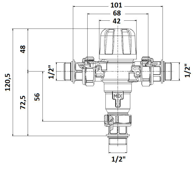 Клапан смесительный VALTEC THERMOMIX VT.MT10RU 1/2" DN 15 PN 10 термостатический трехходовой регулируемый, латунный с никелевым покрытием