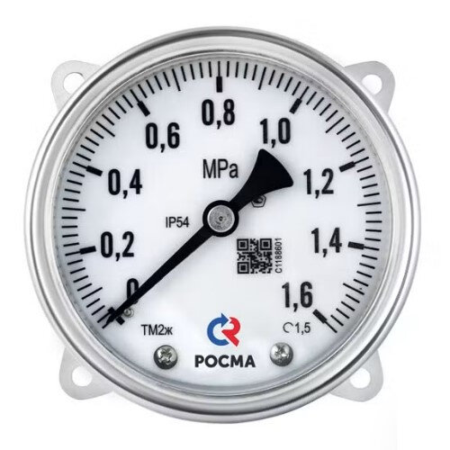 Манометр РОСМА ТМ2ж-520ТЭКТ (0...1,6 MПa) Дкорп=100мм кл. 1,5 2хM12х1,5 железнодорожный двухштуцерный c LED-подсветкой, эксцентрический УТ-00047497