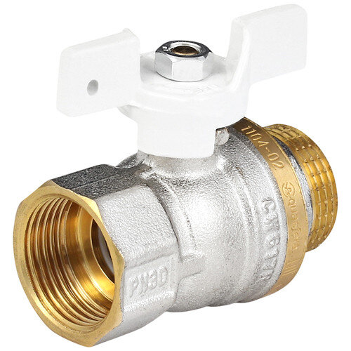 Кран шаровой латунный Aquasfera Standard 1104 DN 20 PN 40 резьба - 3/4'', покрытие - никель, неполнопроходной резьбовой ВР-НР, ручка-бабочка белая 1104-02