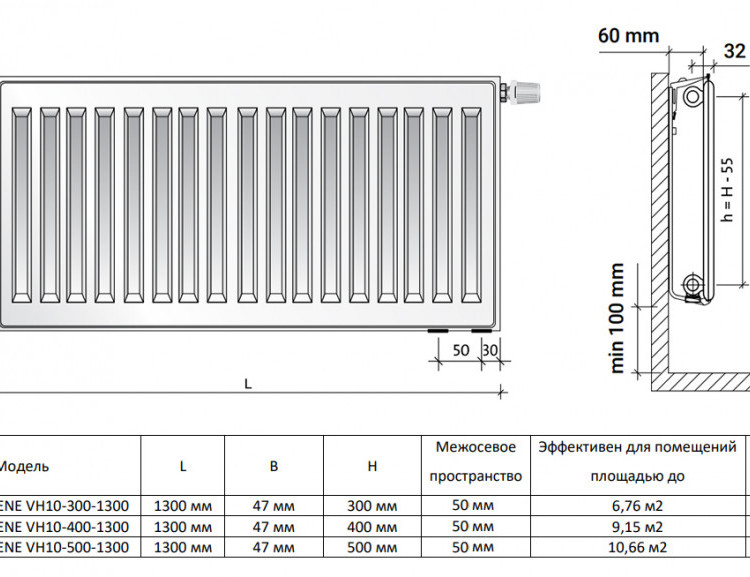 Радиатор панельный Royal Thermo VENTIL HYGIENE VH10-300-1300 Silver Satin 2