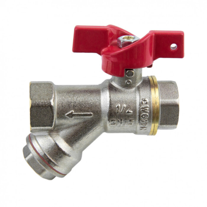 Кран шаровой латунный с косым фильтром Aquasfera EURO 1015 DN 15 PN 40 резьба - 1/2'', покрытие - никель, полнопроходной резьбовой ВР-ВР, ручка-бабочка красная 1015-01