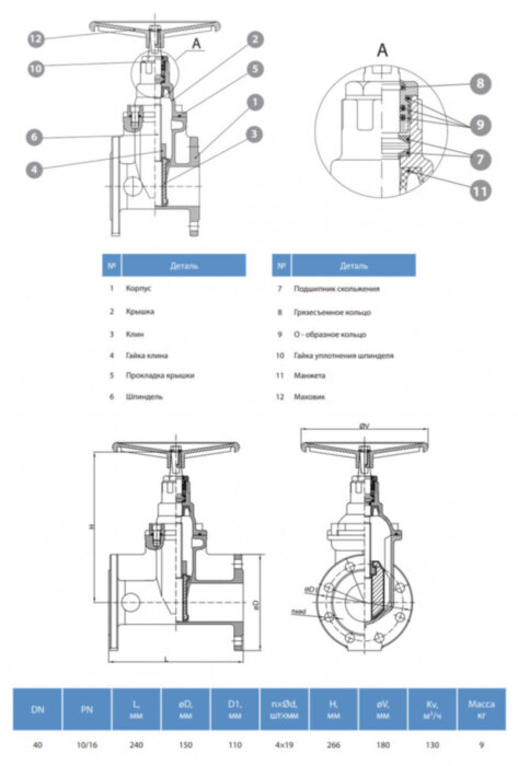 Задвижка GROSS DN 40 PN 10/16 фланцевая с обрезиненным клином с маховиком длинная