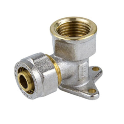 Угольник латунный Aquasfera 7008 DN 15x20 PN 16 резьба - 1/2'', покрытие - никель, с креплением, резьбовой ВР/компрессионный, 7008-02