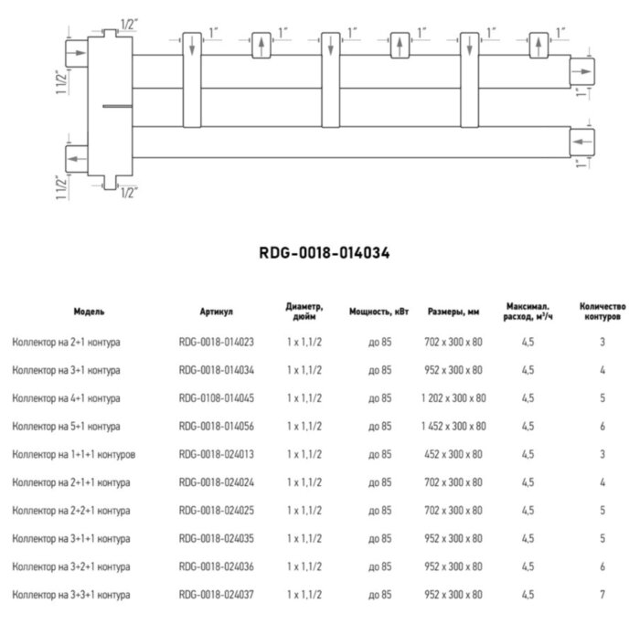 Коллектор распределительный ROMMER RDG-0018-014034 4-х контурный НР 1"x1 1/2" Ду 40 Ру 4 дублёр рядный с гидравлическим разделителем