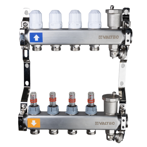 Коллекторная группа VALTEC VTc.579.EMNX.0608 8-ми контурный ВР-НР 1"x3/4" DN 25 PN 10 с регулирующими клапанами и расходомерами