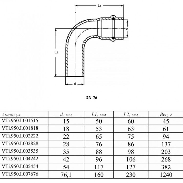 Угольник 90 градусов VALTEC VTi.950.I DN 76 PN 16 однораструбный нержавеющая сталь 3