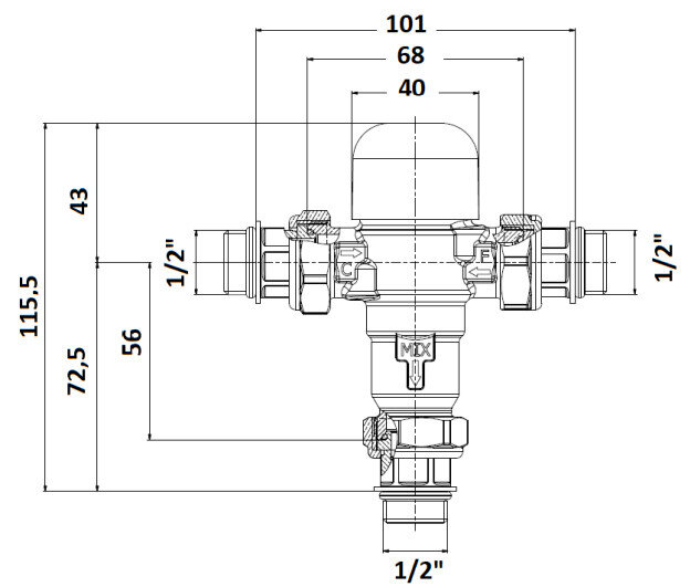 Клапан смесительный VALTEC THERMOMIX VT.MT10NR 1/2'' DN 15 PN 10 термостатический трехходовой нерегулируемый, латунный с никелевым покрытием