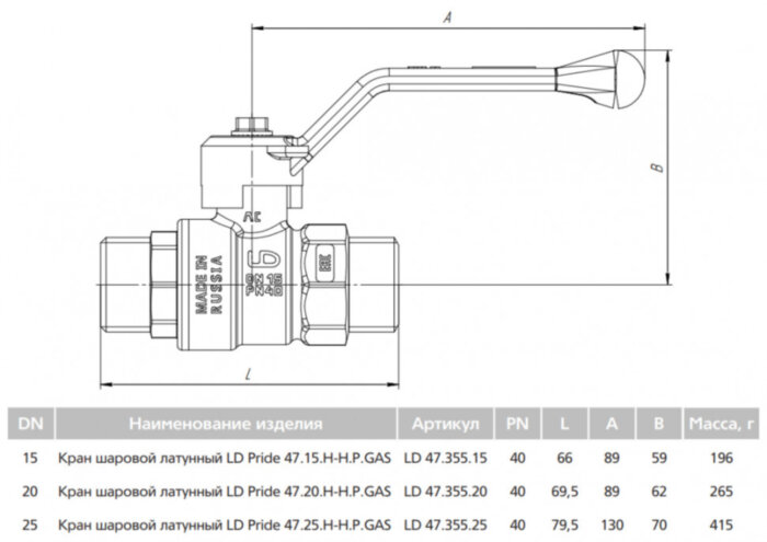 Кран шаровой латунный LD Pride 47.20.Н-Н.Р GAS Ду 20 Ру 40 резьба (НР-НР) 3/4", никелированный неполнопроходный