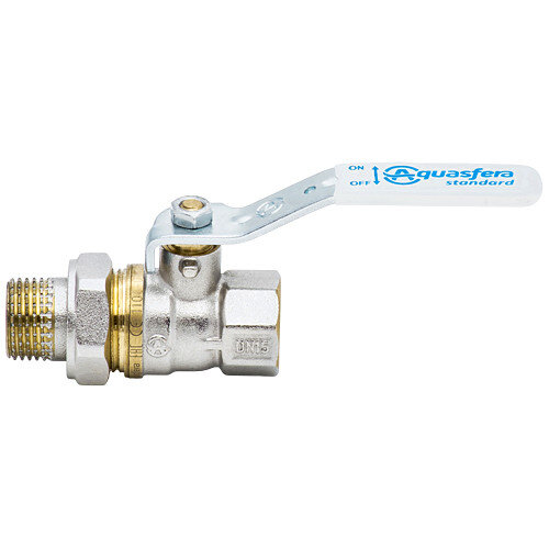 Кран шаровой латунный Aquasfera Standard 1106 DN 20 PN 40 резьба - 3/4'', покрытие - никель, неполнопроходной резьбовой ВР-НР с американкой, ручка-рычаг белая 1106-02
