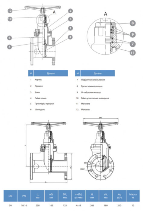 Задвижка GROSS DN 50 PN 10/16 фланцевая с обрезиненным клином с маховиком длинная