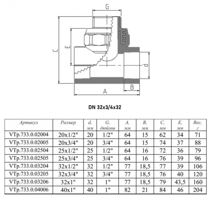 Тройник переходной VALTEC VTp.733 НР 3/4" DN 32x20x32 PN 25 полипропиленовый комбинированный