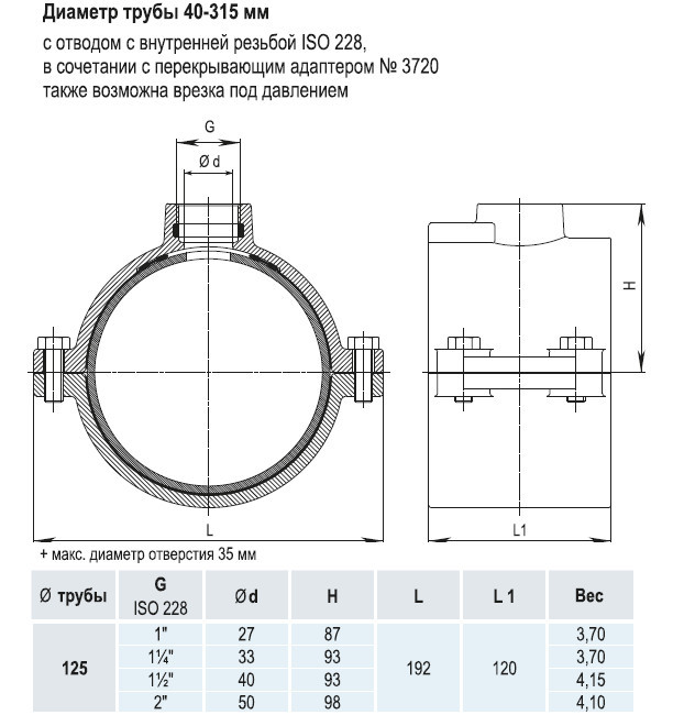 Врезной хомут HAWLE 5250 DN 125 PN 16 системы HAKU с отводом с внутренней резьбой 2" 3