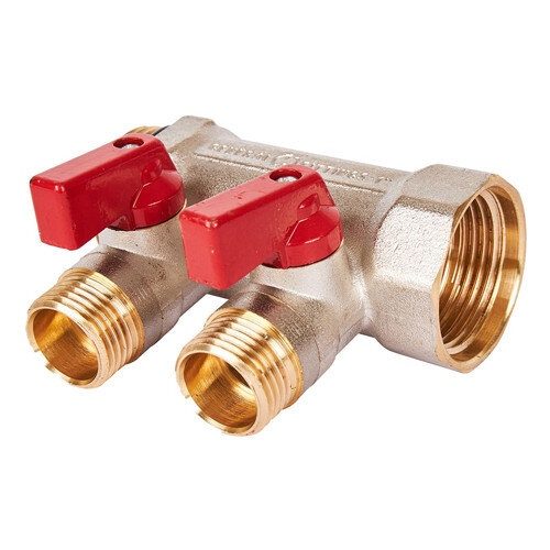 Коллектор распределительный STOUT SMB 6210 2 отвода ВР-НР 1"х1/2" DN 25 PN 10 с шаровыми кранами красная рукоятка уплотнительное кольцо