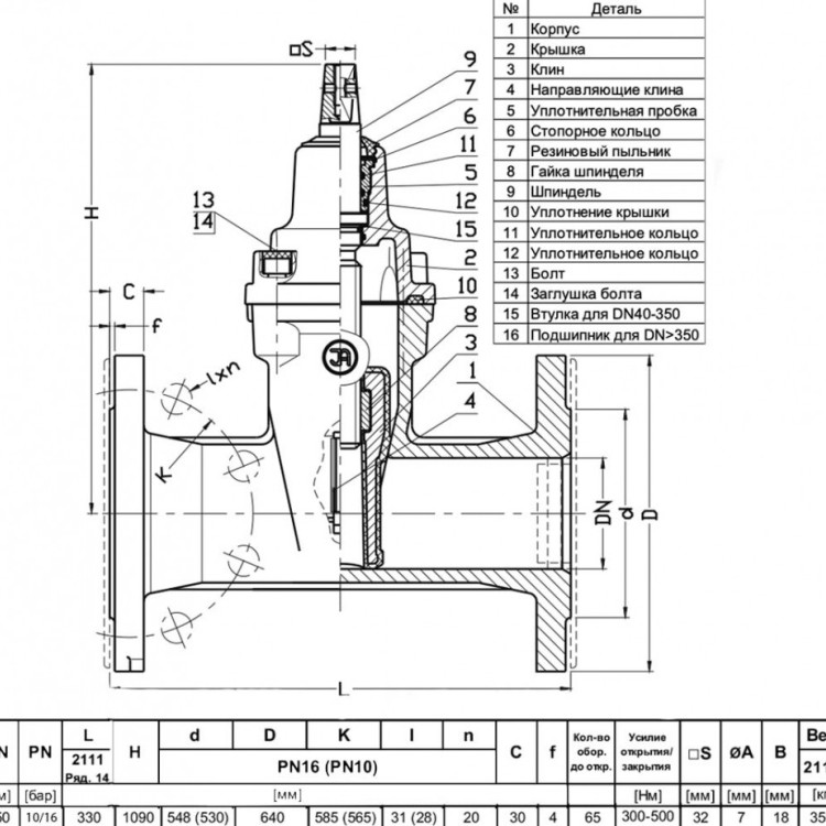 Задвижка JAFAR 2111 DN 450 PN10 фланцевая клиновая чугунная с обрезиненным клином 2