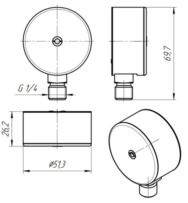Манометр-индикатор VALTEC VT.TM50.DF.02 1/4'' (0...4 бар) Дкорп=50мм пружинный радиальный, нижнее подключение