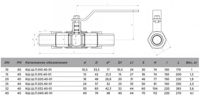 Кран шаровой ALSO КШ.Ш.П.040.40-01 Ду 40 Ру 40 полнопроходный штуцерный