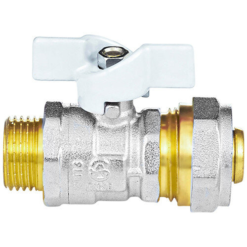 Кран шаровой латунный для МП Aquasfera Standard 1117 DN 15 Dтр 16 PN 16 резьба - 1/2'', покрытие - никель, неполнопроходной резьбовой НР/компрессионный, ручка-бабочка белая 1117-01