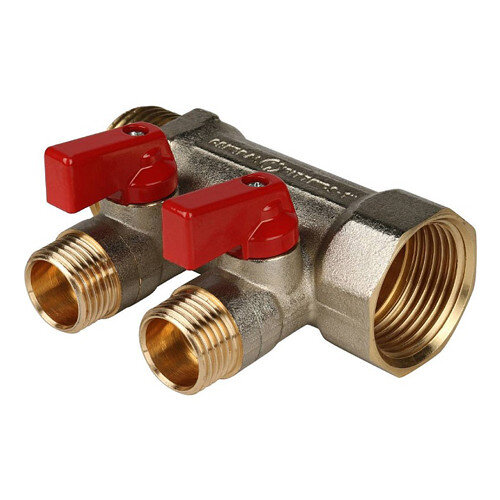 Коллектор распределительный STOUT SMB 6200 2 отвода ВР-НР 1"х1/2" DN 25 PN 10 с шаровыми кранами красная рукоятка