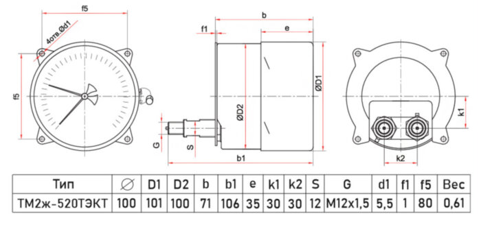 Манометр РОСМА ТМ2ж-520ТЭКТ (0...1 MПa) Дкорп=100мм кл. 1,5 2хM12х1,5 железнодорожный двухштуцерный без подсветки, эксцентрический УТ-00043275