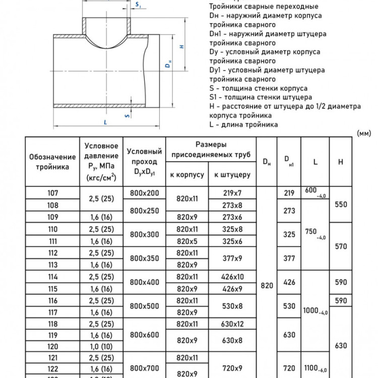 Тройник стальной 820x11-630х12-2,5 118 ОСТ 34 10.764-97 переходный сварной 2