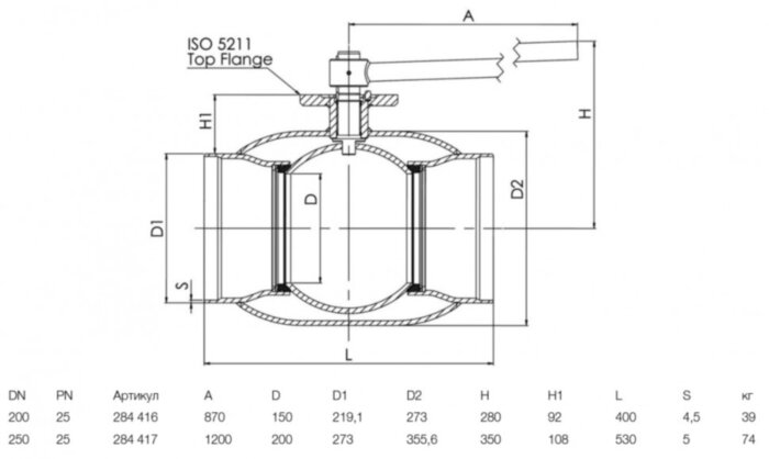 Кран шаровой NAVAL 284416 DN 200 PN 25 стальной стандартнопроходный под приварку