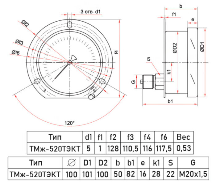 Манометр РОСМА ТМж-520ТЭКТ (0...1 MПa) Дкорп=100мм кл. 1,5 M20х1,5 железнодорожный без подсветки, эксцентрический УТ-00053863