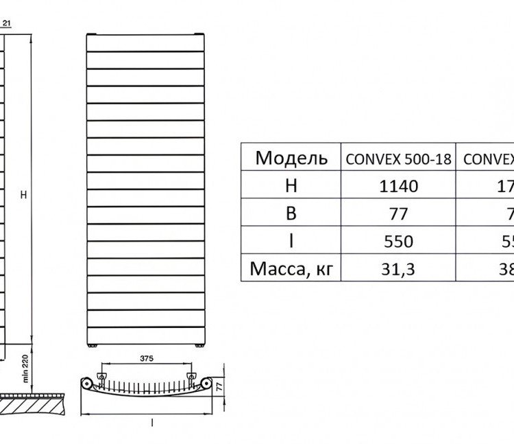 Радиатор биметаллический RIFAR CONVEX 500 VENTIL 22 секции нижнее подключение белый 2