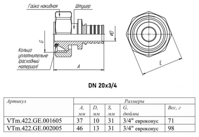 Переходник VALTEC VTm.422.GE ВР 3/4" DN 20 PN 16 евроконус латунный