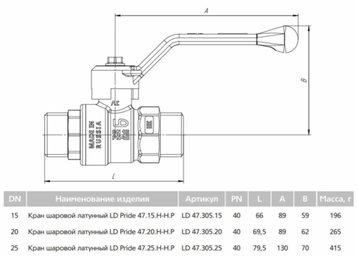 Кран шаровой латунный LD Pride 47.25.Н-Н.Р Ду 25 Ру 40 резьба (НР-НР) 1", никелированный с синим рычагом, неполнопроходный