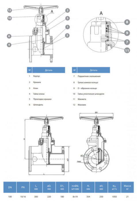 Задвижка GROSS DN 100 PN 10/16 фланцевая с обрезиненным клином с маховиком длинная