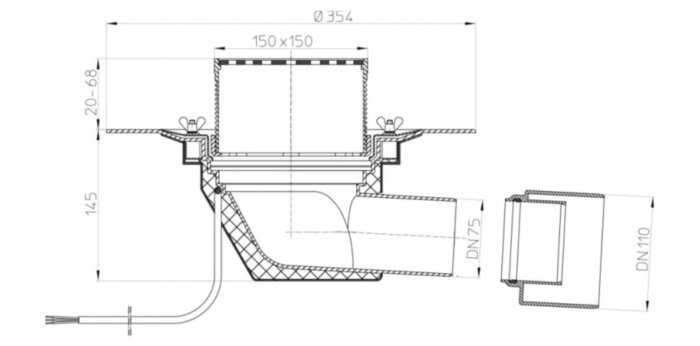 Кровельная воронка HL64.1B DN 75/110 с горизонтальным выпуском с электрообогревом для эксплуатируемой кровли с переходником эксцентрическим