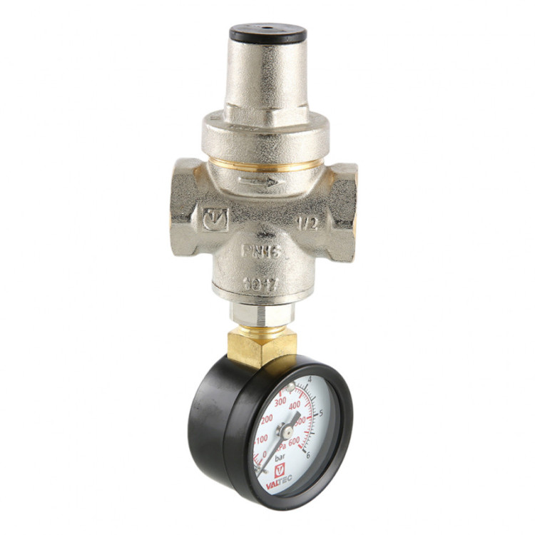 Редуктор давления VALTEC VT.088.N.0555 3/4'' DN 20 PN 16 поршневой, регулируемый, прямого действия, с манометром-индикатором, латунный с никелевым покрытием 9