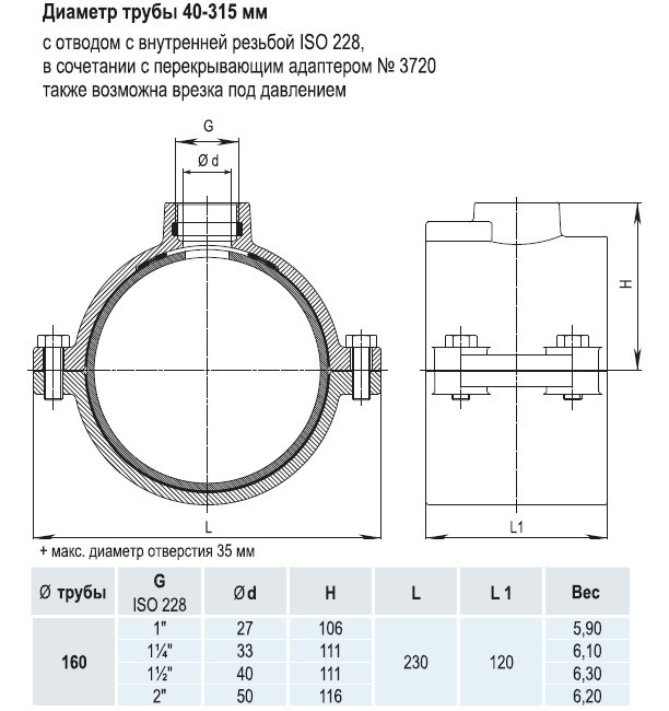 Врезной хомут HAWLE 5250 DN 160 PN 16 системы HAKU с отводом с внутренней резьбой 1" 3