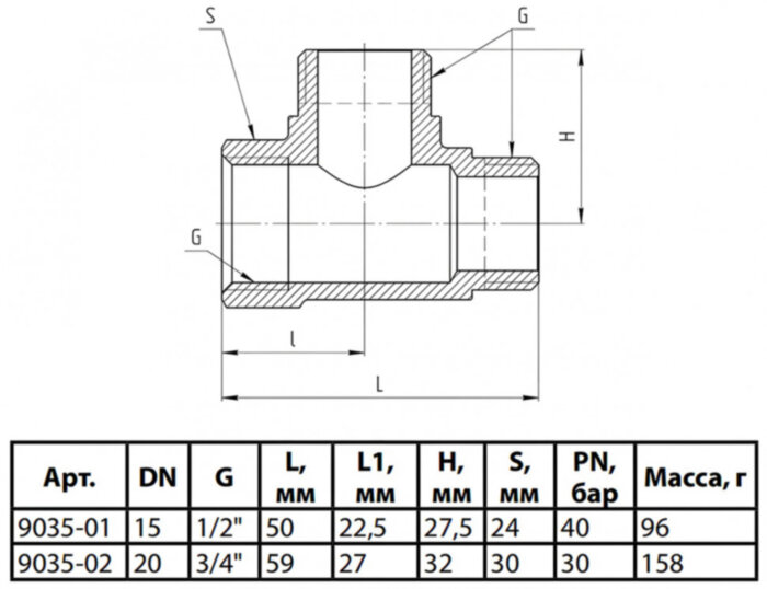 Тройник латунный Aquasfera 9035 DN 15 PN 40 резьба - 1/2'', покрытие - никель, резьбовой ВР-НР-НР (американка), 9035-01