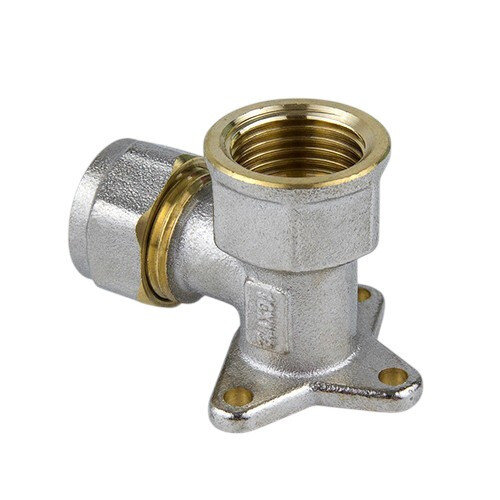 Угольник латунный Aquasfera 7008 DN 20х20 PN 16 резьба - 3/4'', покрытие - никель, с креплением, резьбовой ВР/компрессионный, 7008-03