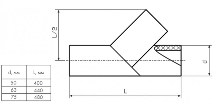Тройник 75 мм SDR21 45° ПЭ100 равнопроходный сварной сегментный ПНД