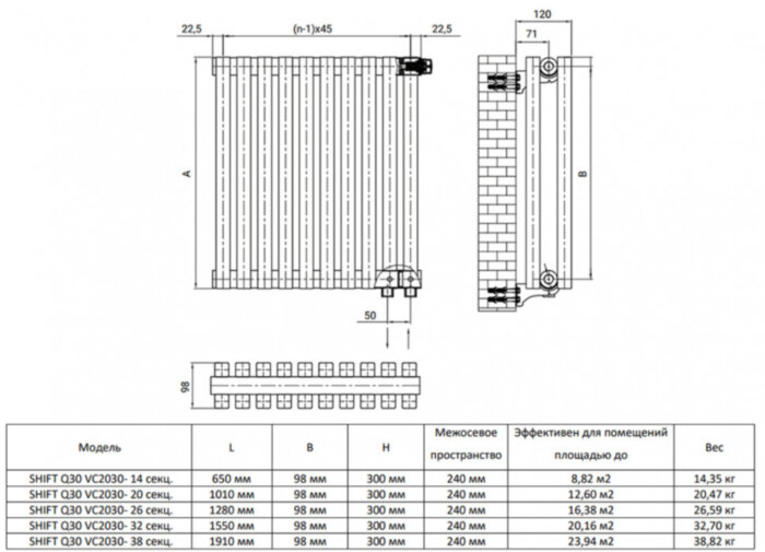 Дизайн-радиатор Royal Thermo SHIFT Q30 VC2030 - 38 секц. RAL9016