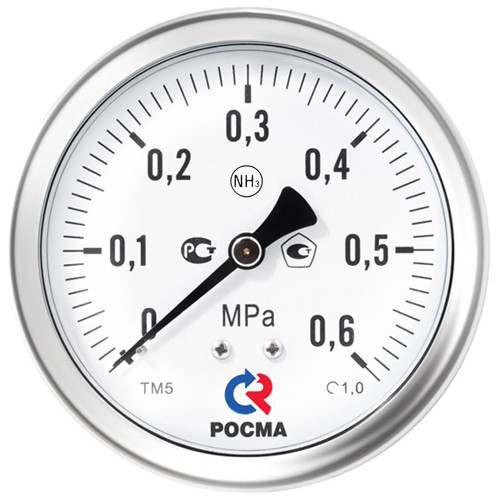 Мановакуумметр РОСМА ТМВ-621ТЭ.00 NH3 (-0,1...1,5 МПа) Дкорп=150мм кл. 1,0 G1/2" коррозионностойкий виброустойчивый эксцентрический, аммиак 00000032064