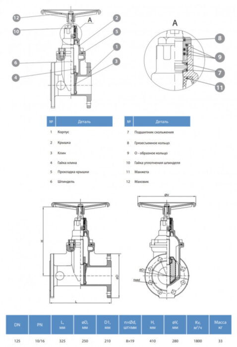 Задвижка GROSS DN 125 PN 10/16 фланцевая с обрезиненным клином с маховиком длинная