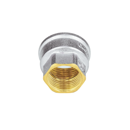 Муфта соединительная переходная латунная Aquasfera 9019 DN 15x32 PN 20 резьба - 1/2''x1 1/4'', покрытие - никель, резьбовая ВР-ВР, 9019-04